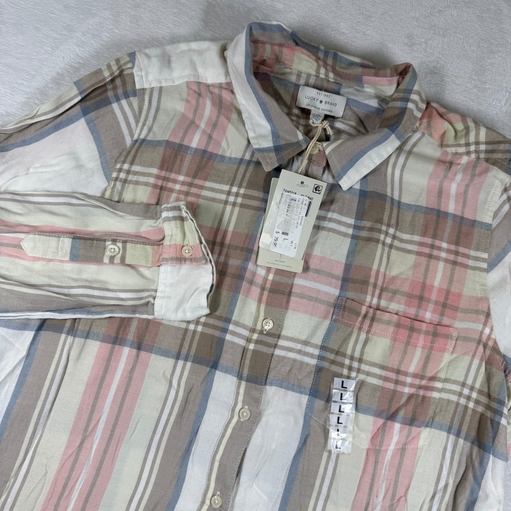 Lucky Brand Womens One Pkt Plaid Wvn Button Front Shirt Pink Multi 7W45318 L